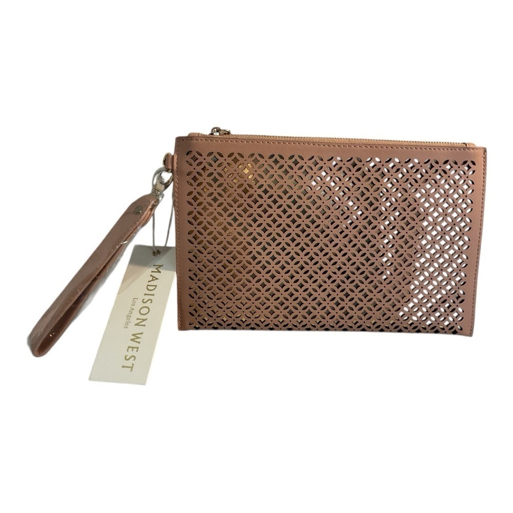 Madison West Tan Laser Cut Clutch Wristlet Geometric Pattern